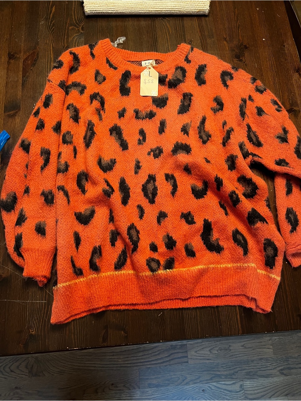 POL Orange and Black Leopard-Print Crewneck Sweater